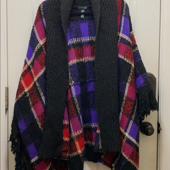 Lauren Ralph Lauren Jackets & Blazers - NWOT Ralph Lauren Black Plaid Knit Wool Pancho S/M